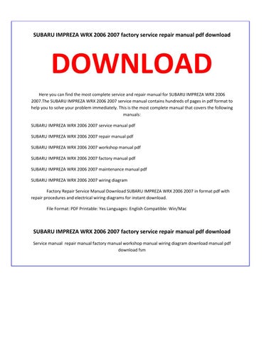 subaru impreza 2007 service manual pdf